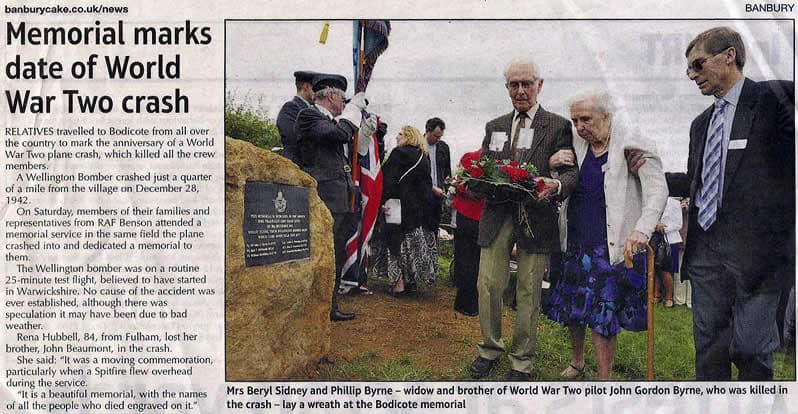 Banbury Cake newspaper article entitled 'Memorial marks date of World War Two crash'