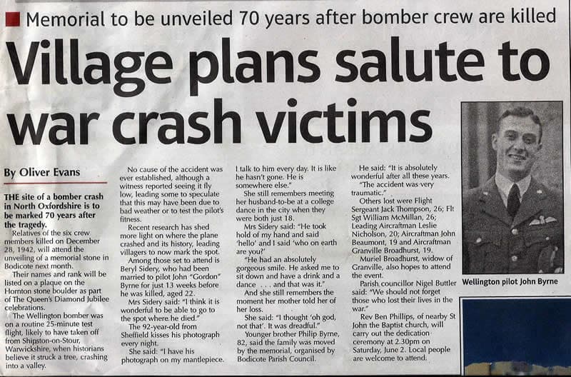 Banbury Cake newspaper article entitled 'Village plans salute to war crash victims'