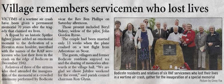 Banbury Cake newspaper article entitled 'Village remembers servicemen who lost lives'